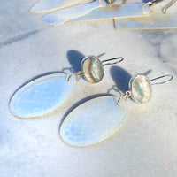 Gilalite in Quartz and Antique Mother of Pearl Chinese Gaming Token Earrings
